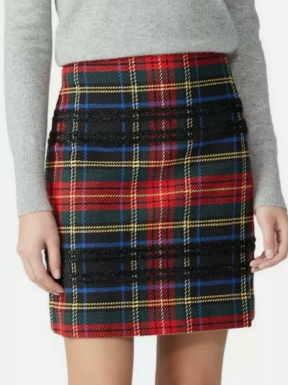 J. Crew Red Green Plaid Mini Skirt with Blue and Yellow Accents sz 2 wool blend